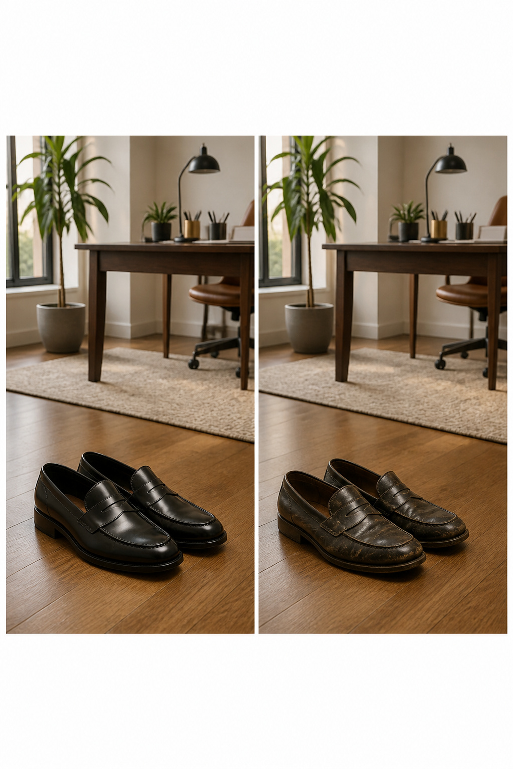 A selection of business casual footwear including loafers and sneakers.