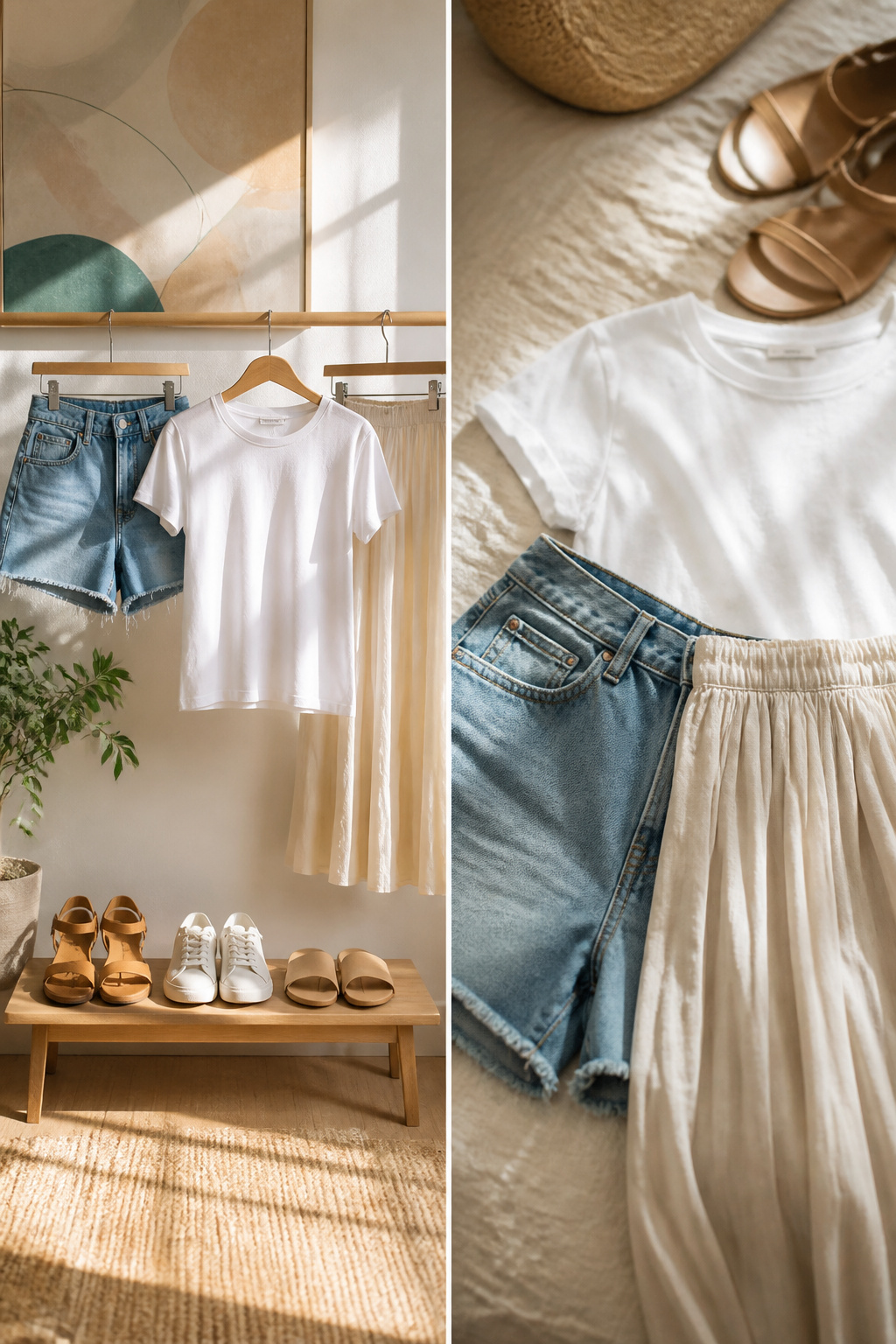A white T-shirt and denim shorts styled for casual wear.