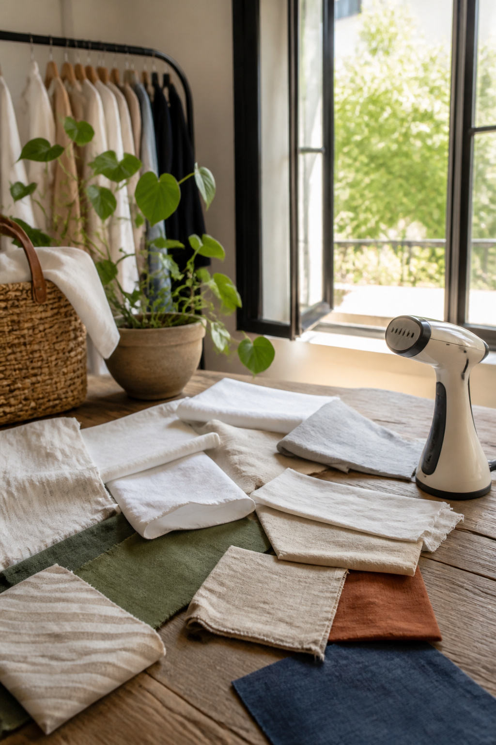 Swatches of cotton and linen fabrics laid out on a wooden table.