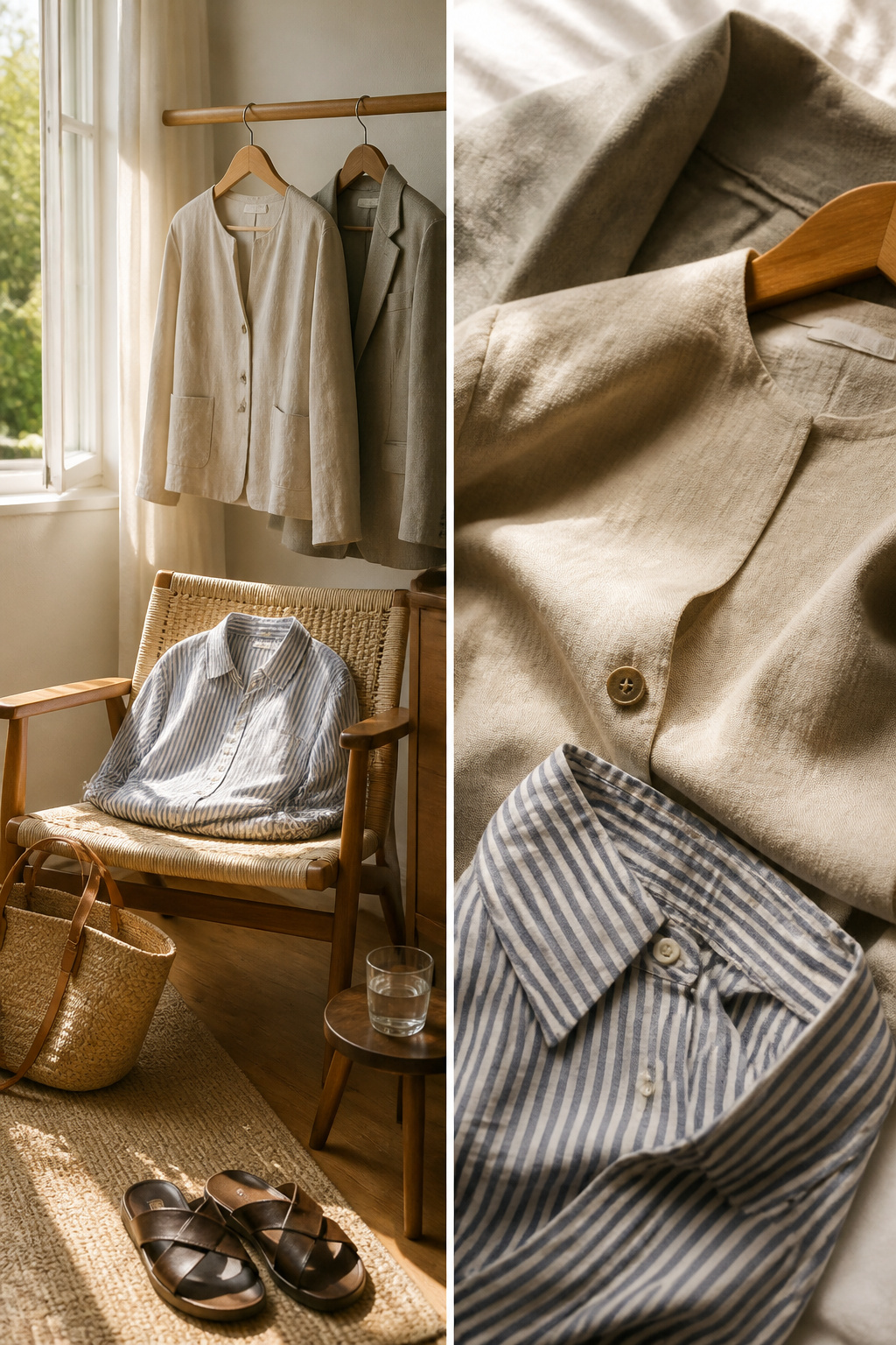 A linen blazer and a denim jacket arranged for styling.