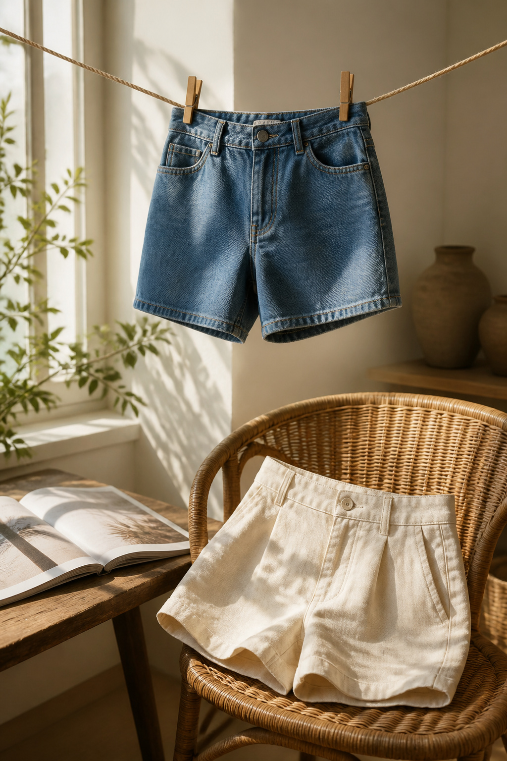 A pair of denim shorts and linen shorts hanging together.