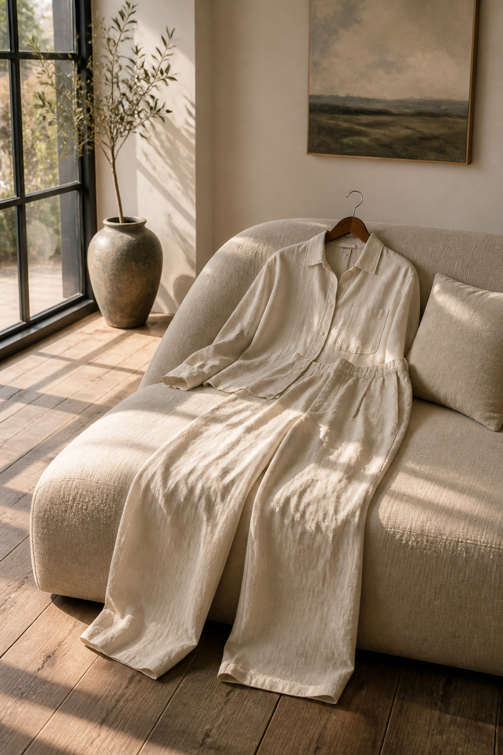 A pair of wide-leg linen trousers draped over a chaise lounge.