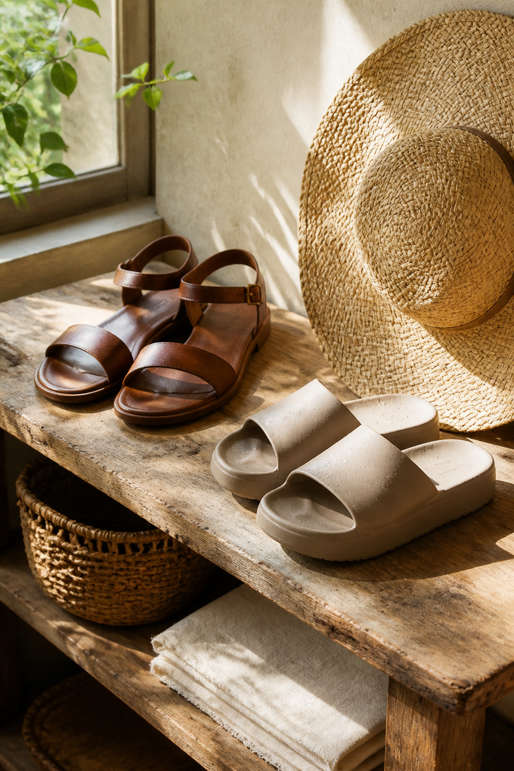 A pair of leather sandals and waterproof slides on a wooden shelf.