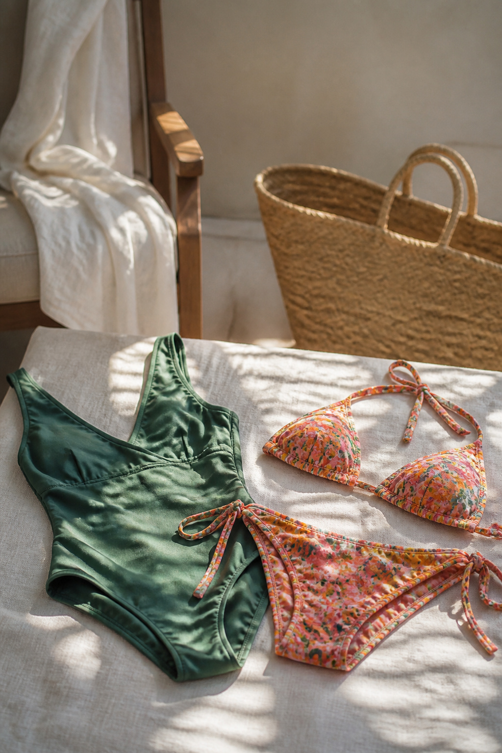 A one-piece swimsuit and a bikini set arranged together.