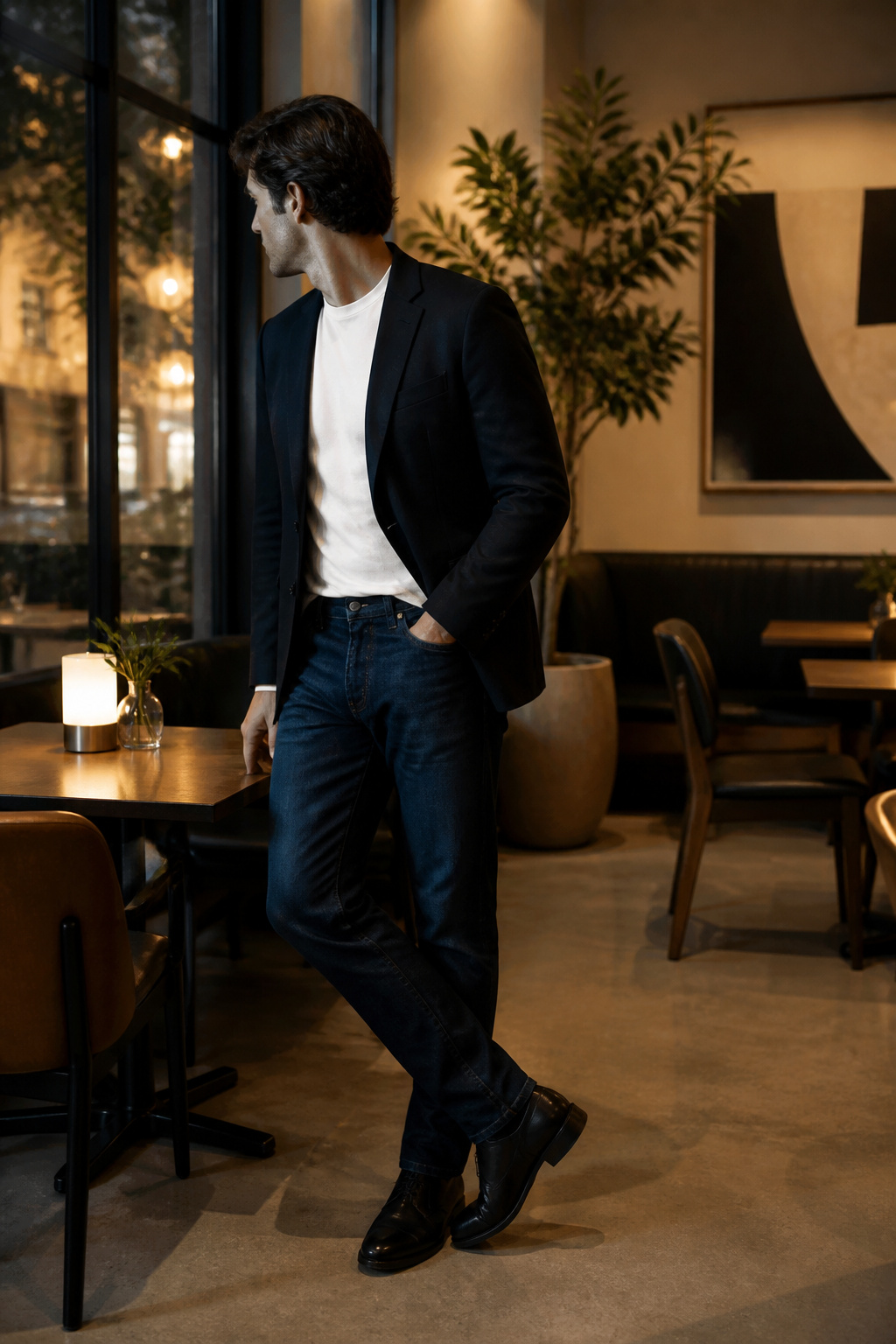 Model in dark-wash jeans and a tailored blazer against a café backdrop.