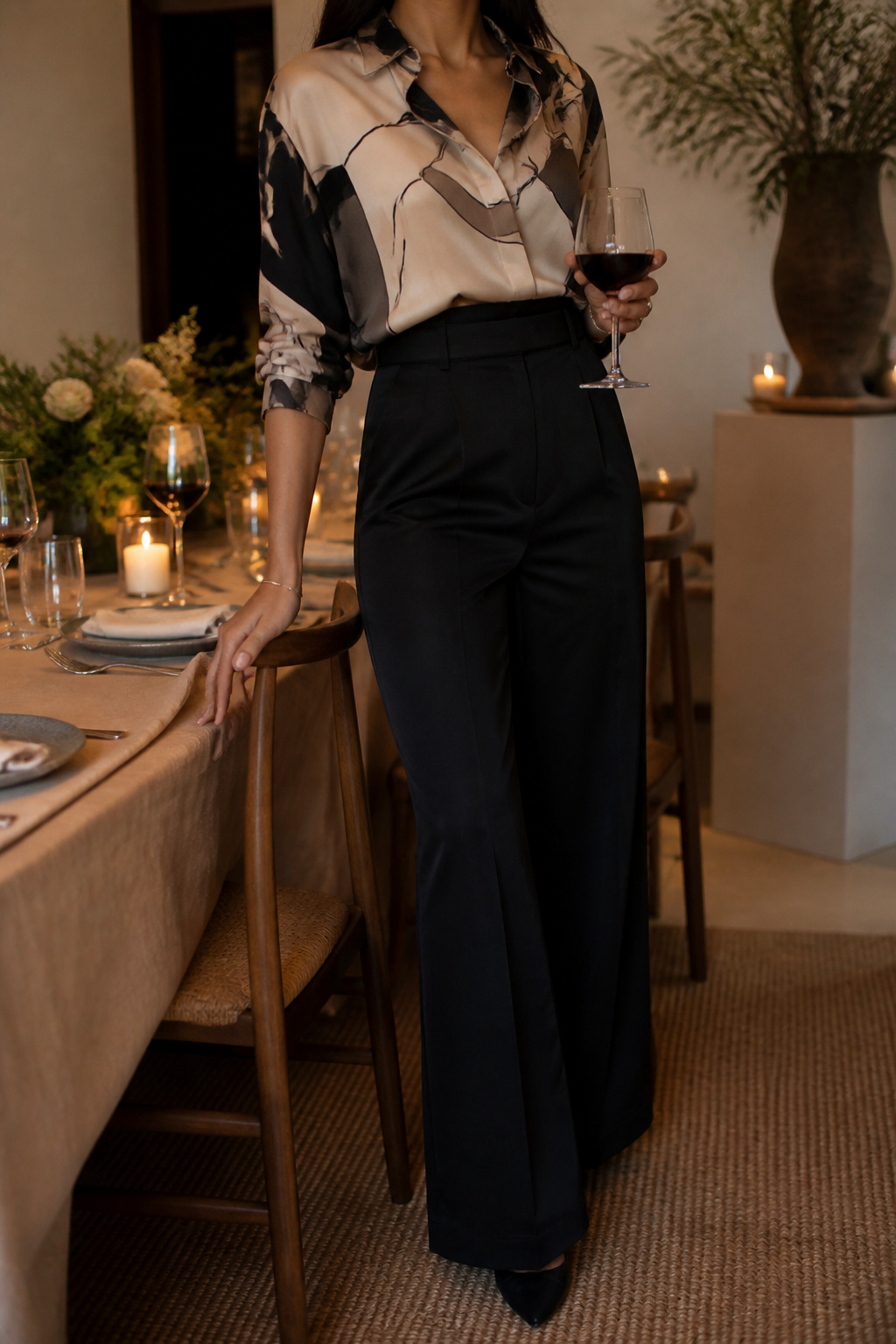 Dark tailored trousers paired with a bold printed silk top.