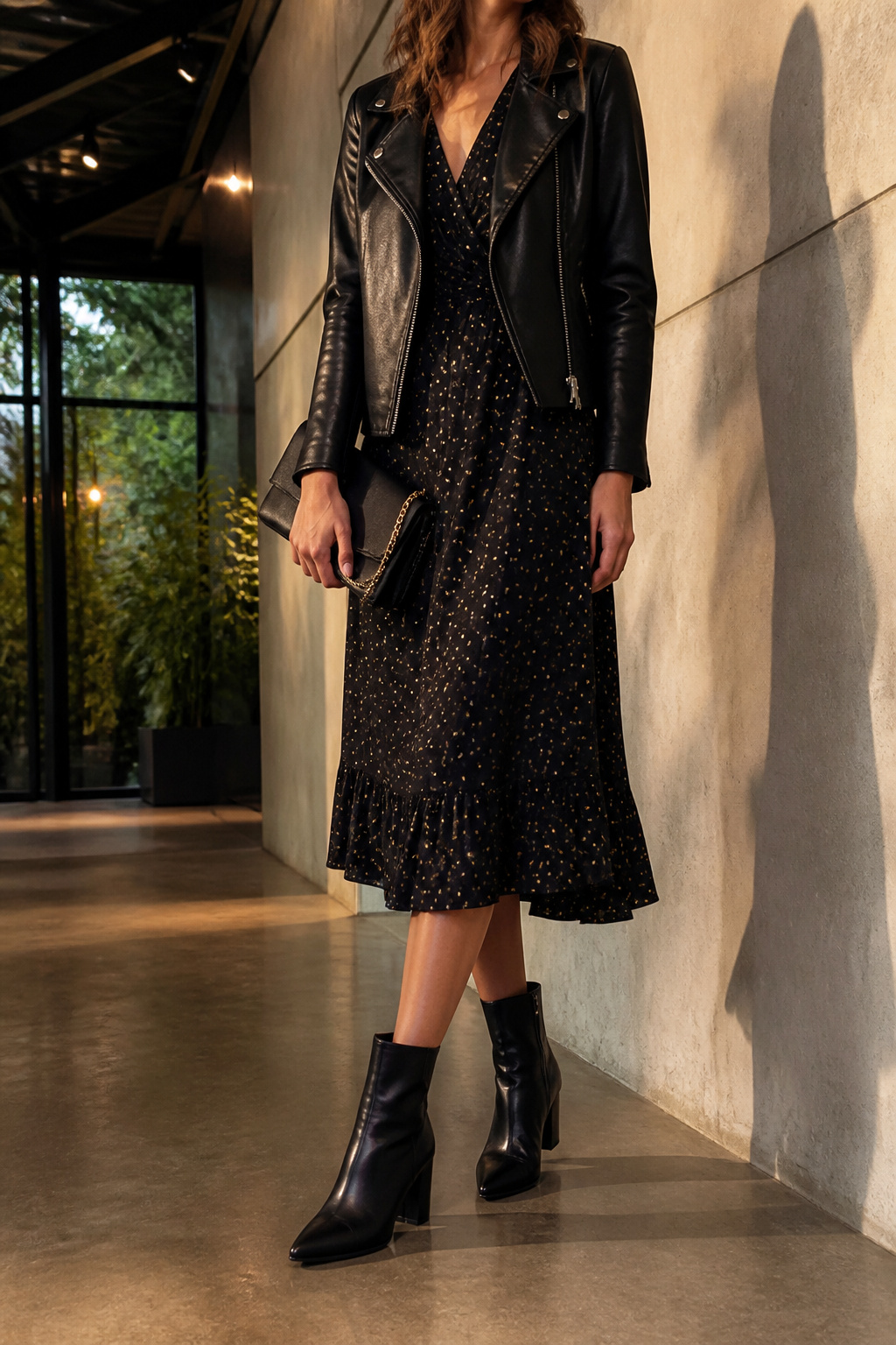 Model wearing a midi dress and leather jacket with heeled ankle boots.