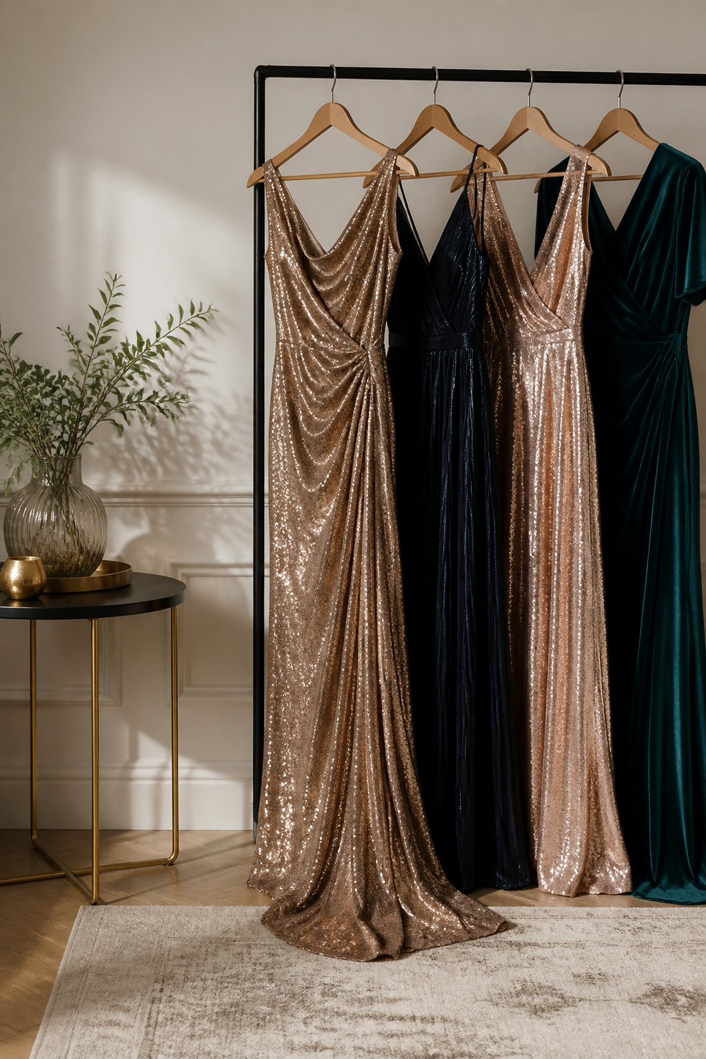 Floor-length gowns displayed with rich textures and natural light.