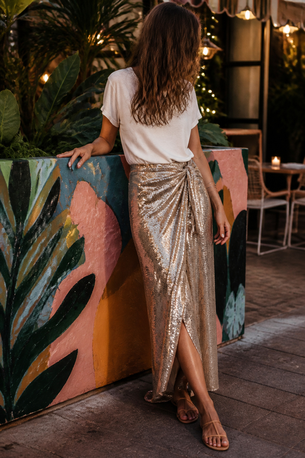 Sequin maxi wrap skirt paired with a casual cotton tee against a mural.