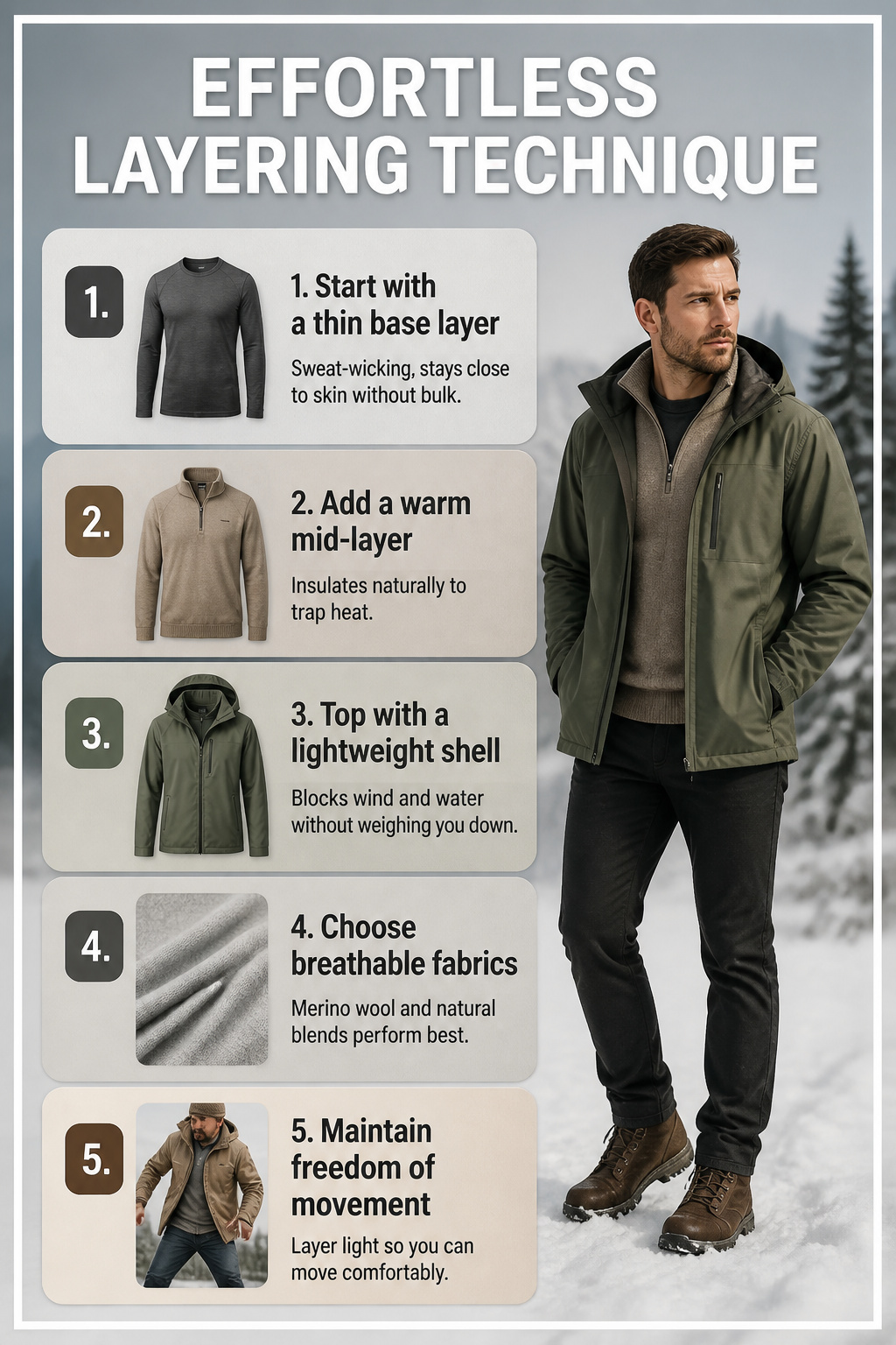 An illustration explaining effective layering techniques for winter outfits.
