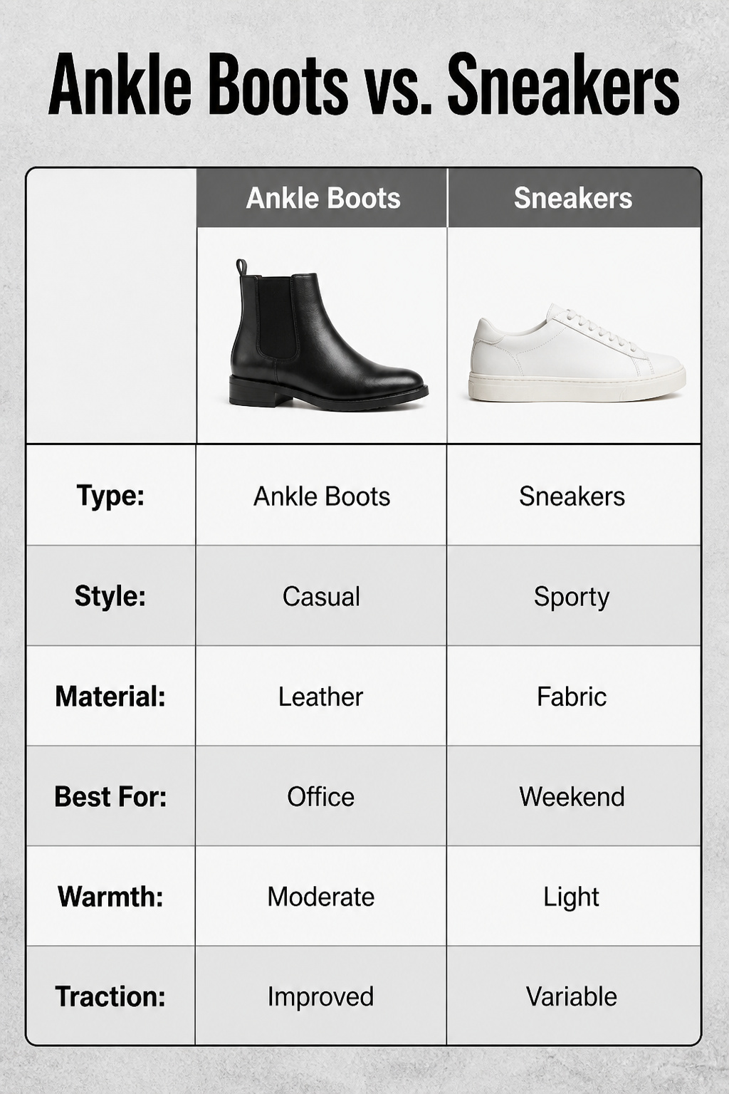 A comparison of ankle boots and sneakers with denim outfits.