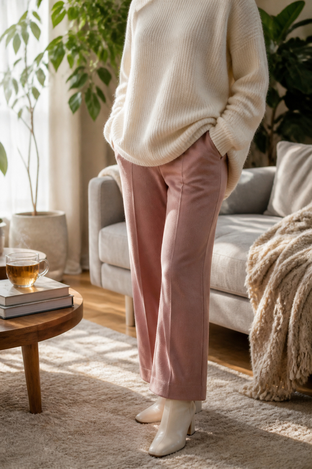 A cream pullover sweater with tailored wool trousers and ankle boots.