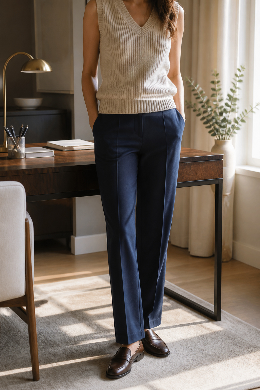 A fitted oatmeal sweater vest paired with navy trousers and leather shoes.