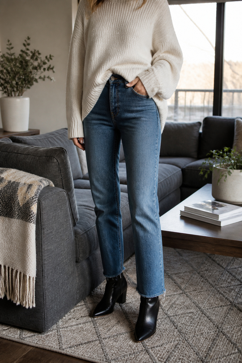 A pair of jeans and an oversized sweater completed with chic booties.