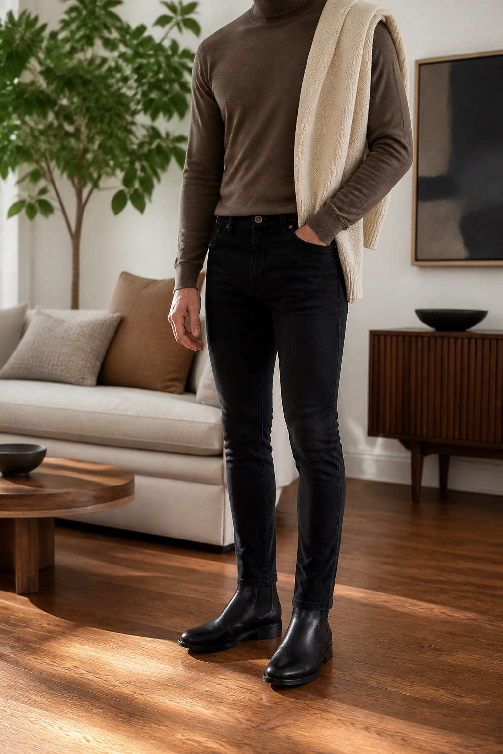 Skinny jeans paired with black Chelsea boots, showing a sleek silhouette.