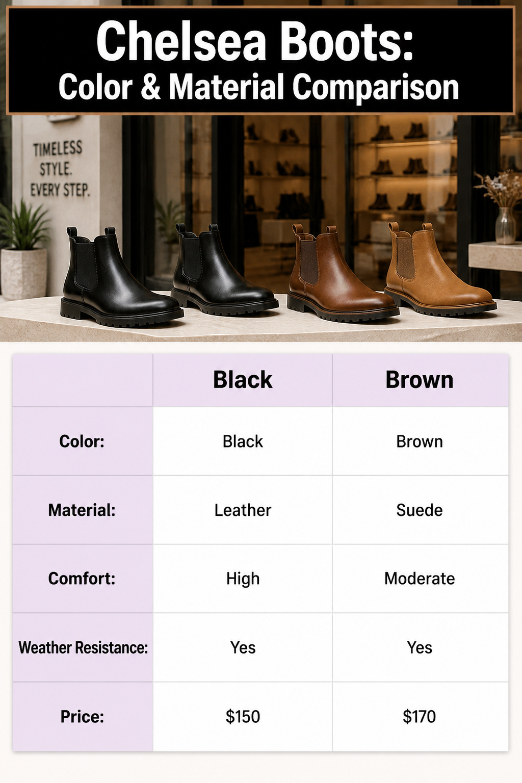 Different colors and materials of Chelsea boots displayed for comparison.
