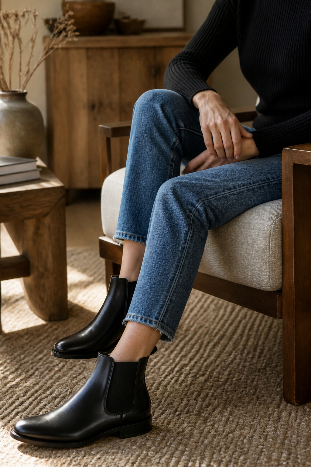 Cropped jeans paired with black Chelsea boots, showcasing a clean line.