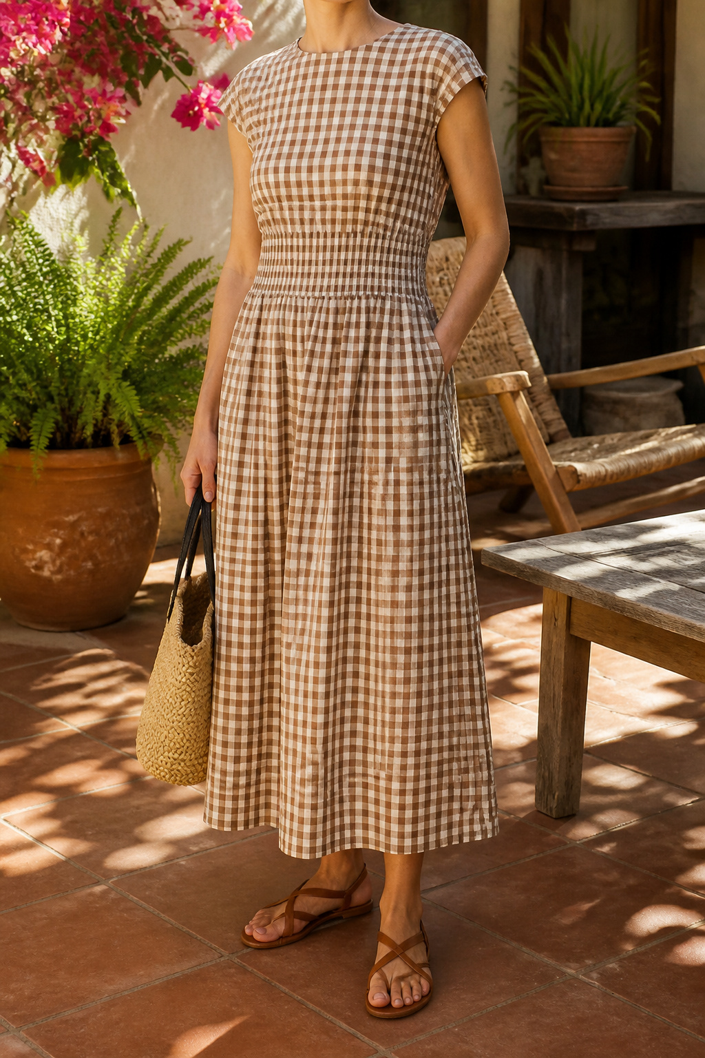 A mid-calf dress in light fabric displayed on a model.