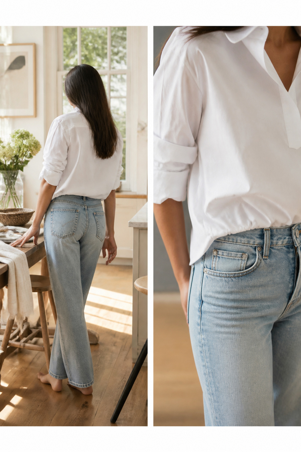 A white popover top and an eyelet top styled with denim.