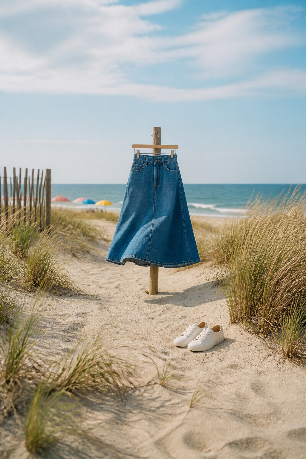 A flared denim skirt displayed on a model, emphasizing movement.