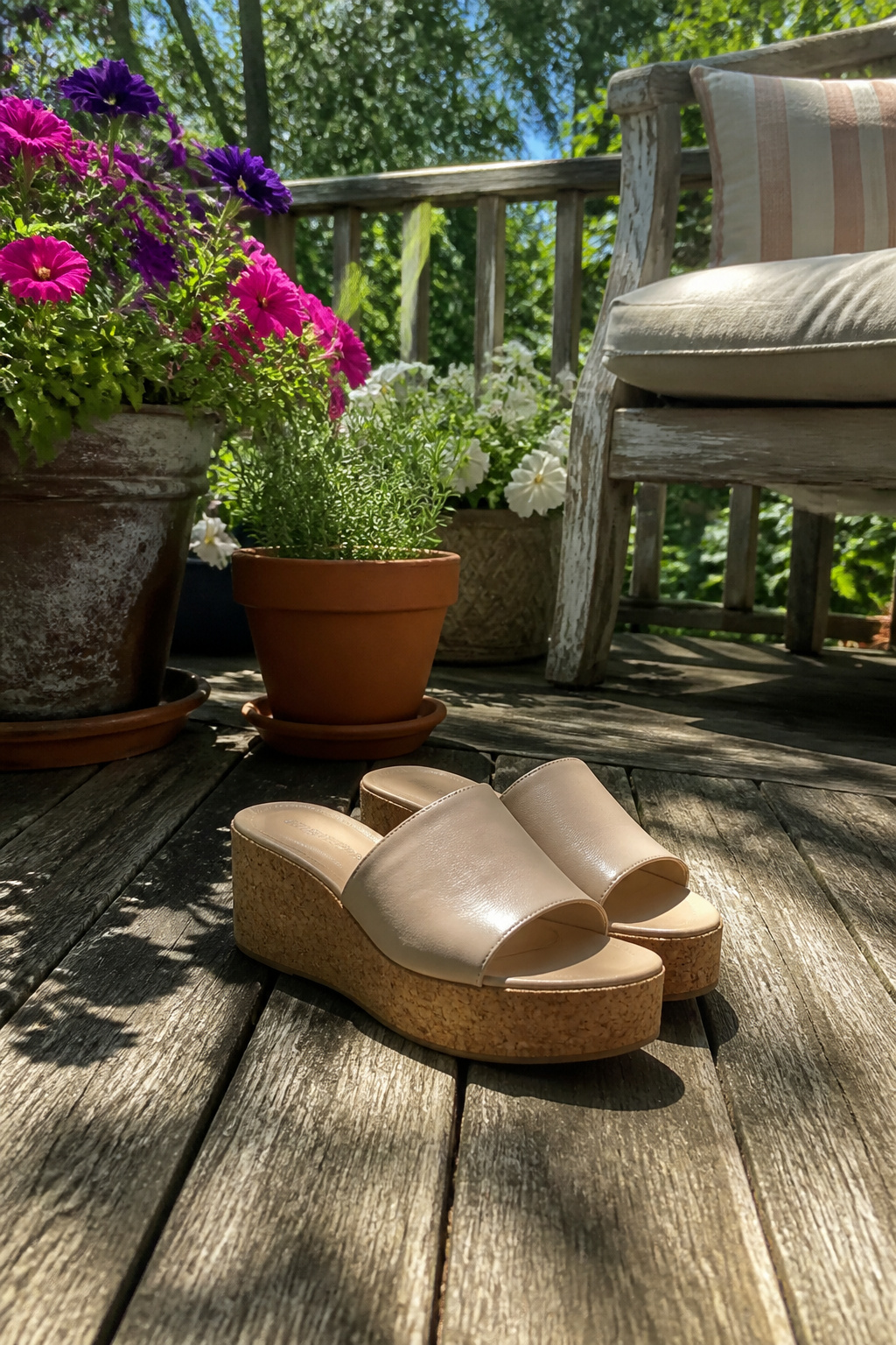 A Schutz Roslyn Wedge Sandal positioned on a rustic wooden surface.