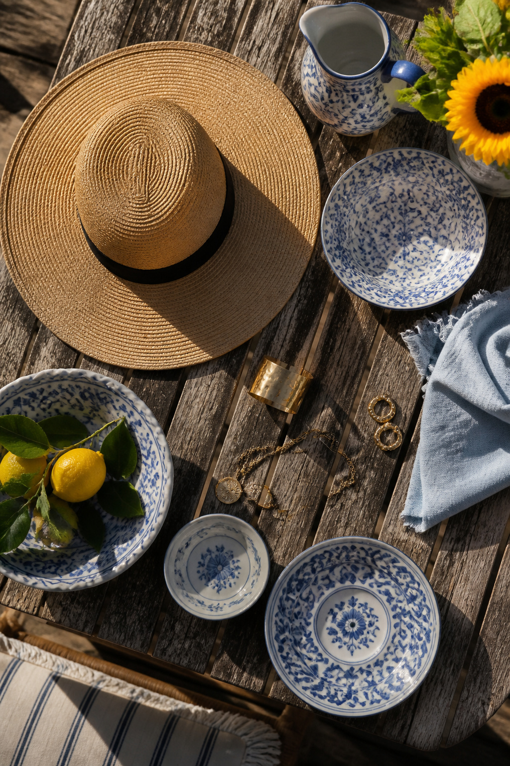 A stylish hat and jewelry displayed as summer accessories.