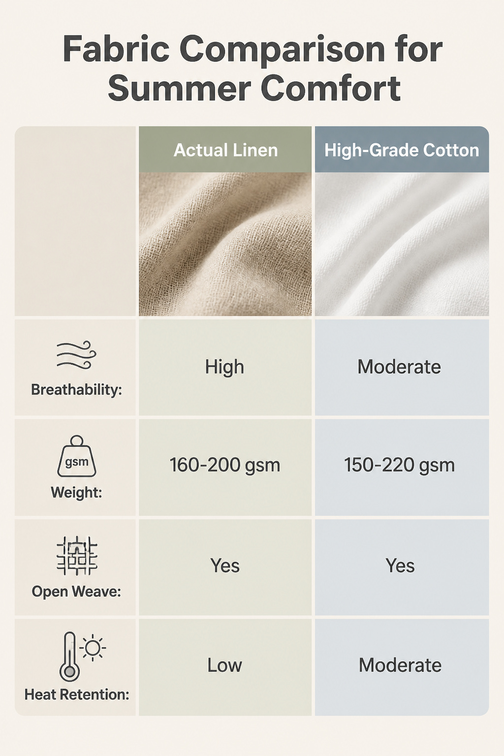 An information image comparing various summer fabrics for comfort.