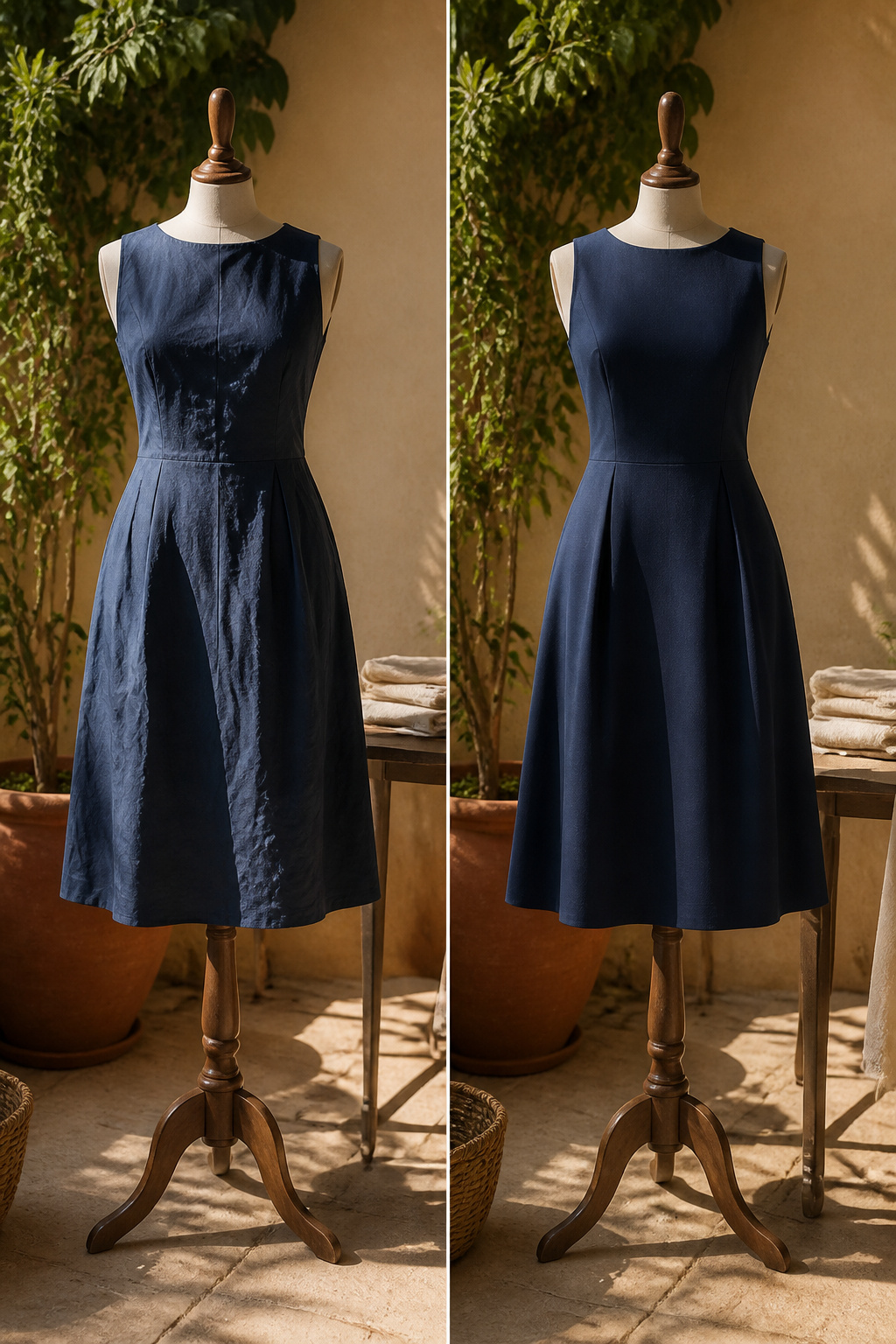 A display of clothing in navy, terracotta, and other summer colors.