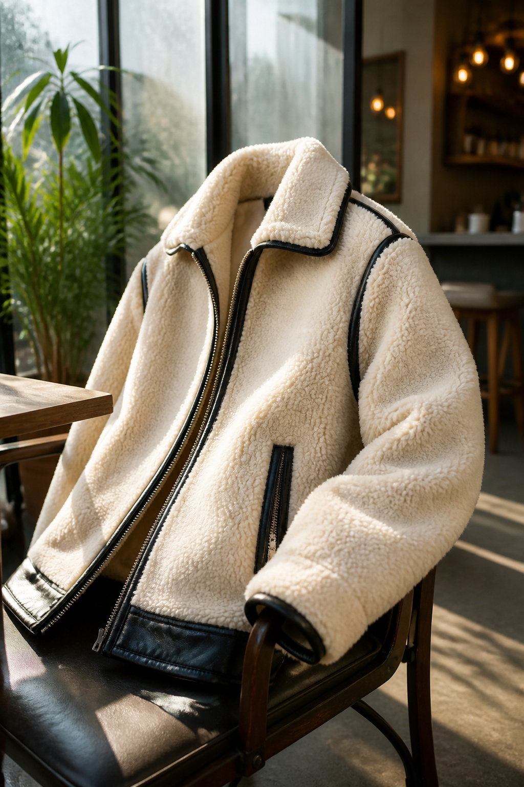 A bold coat featuring shearling and leather trim, hanging on a rack.