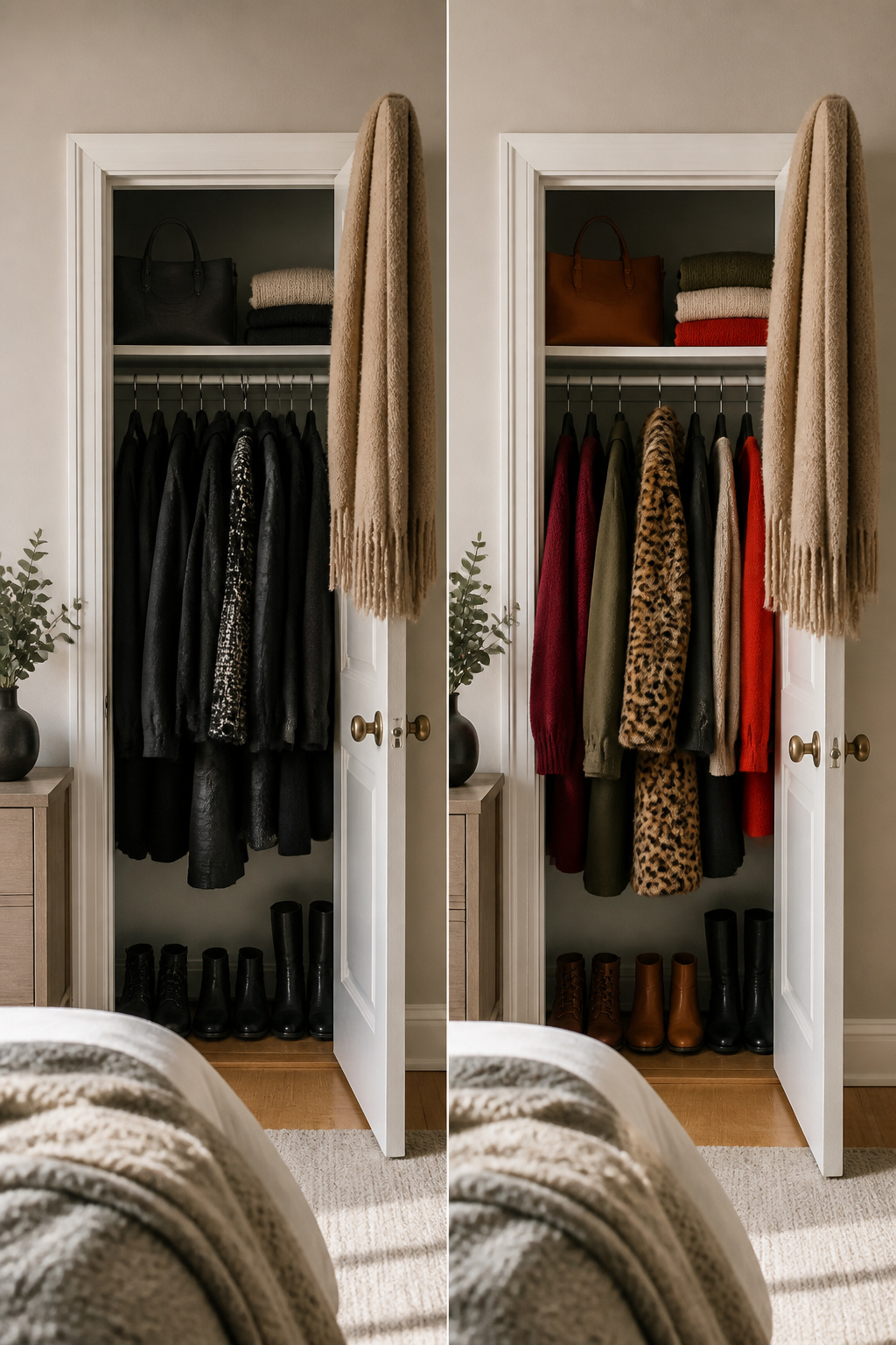 A colorful winter outfit displayed against a neutral backdrop.