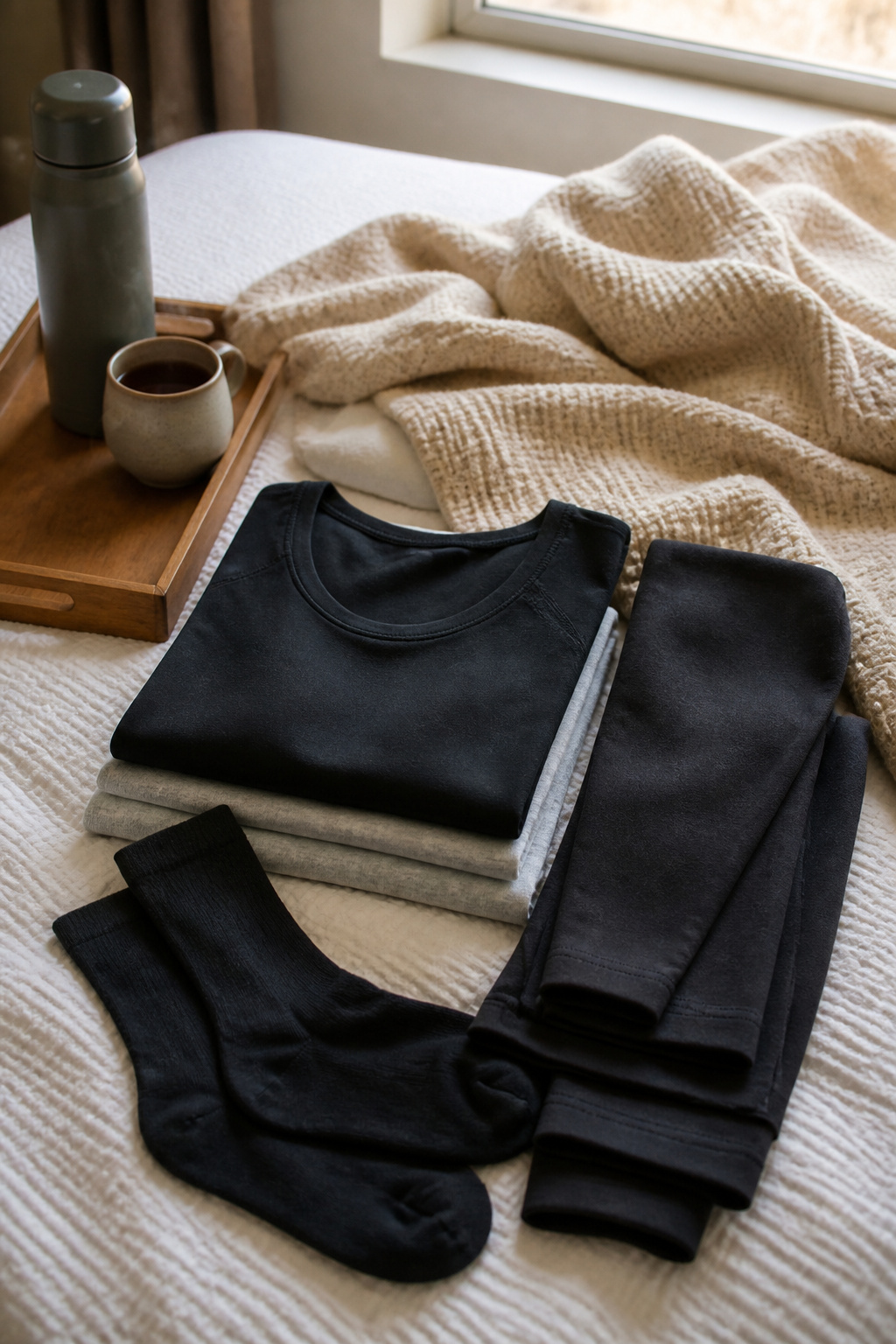 Neatly folded fitted base layers on a textured bedspread.