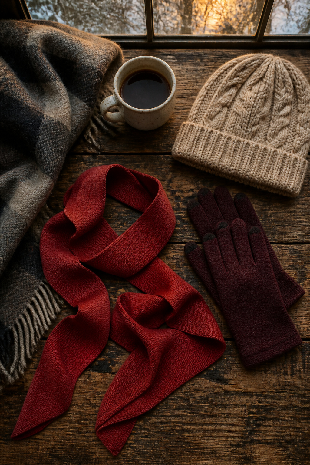 A collection of winter accessories including a scarf, gloves, and a beanie.