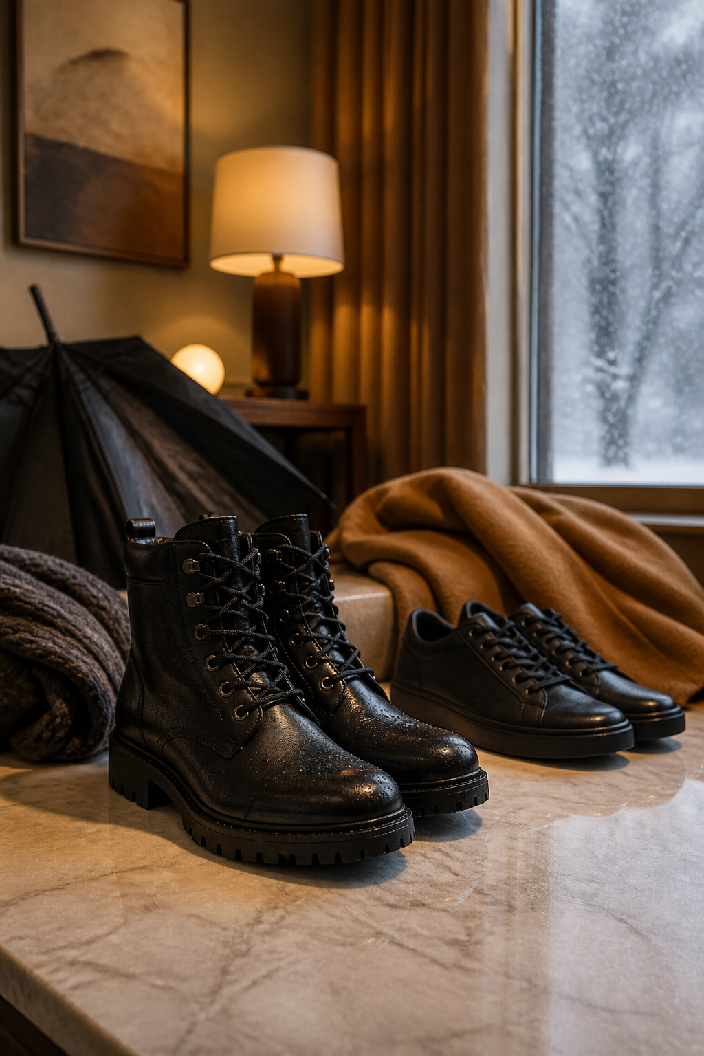 A pair of water-resistant lug sole boots displayed on a rustic surface.