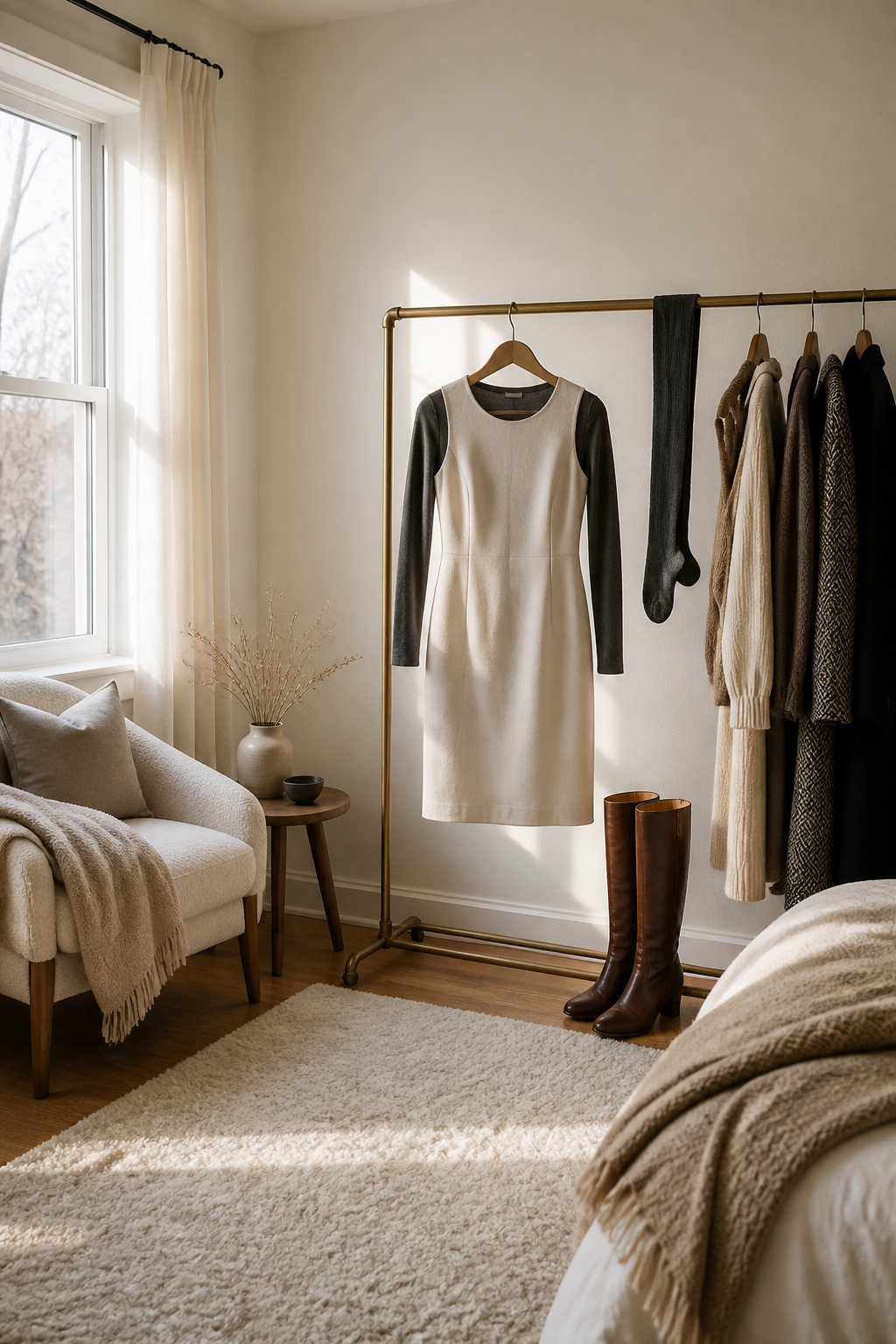 A dress displayed with a fitted long-sleeve tee underneath.