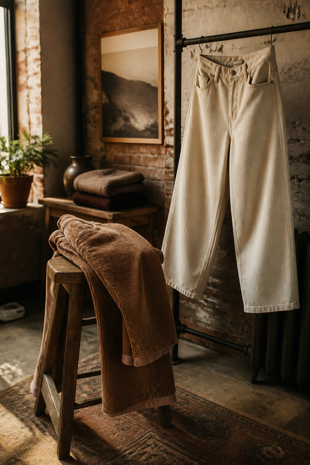 A pair of corduroy pants draped over a stool alongside other pants.