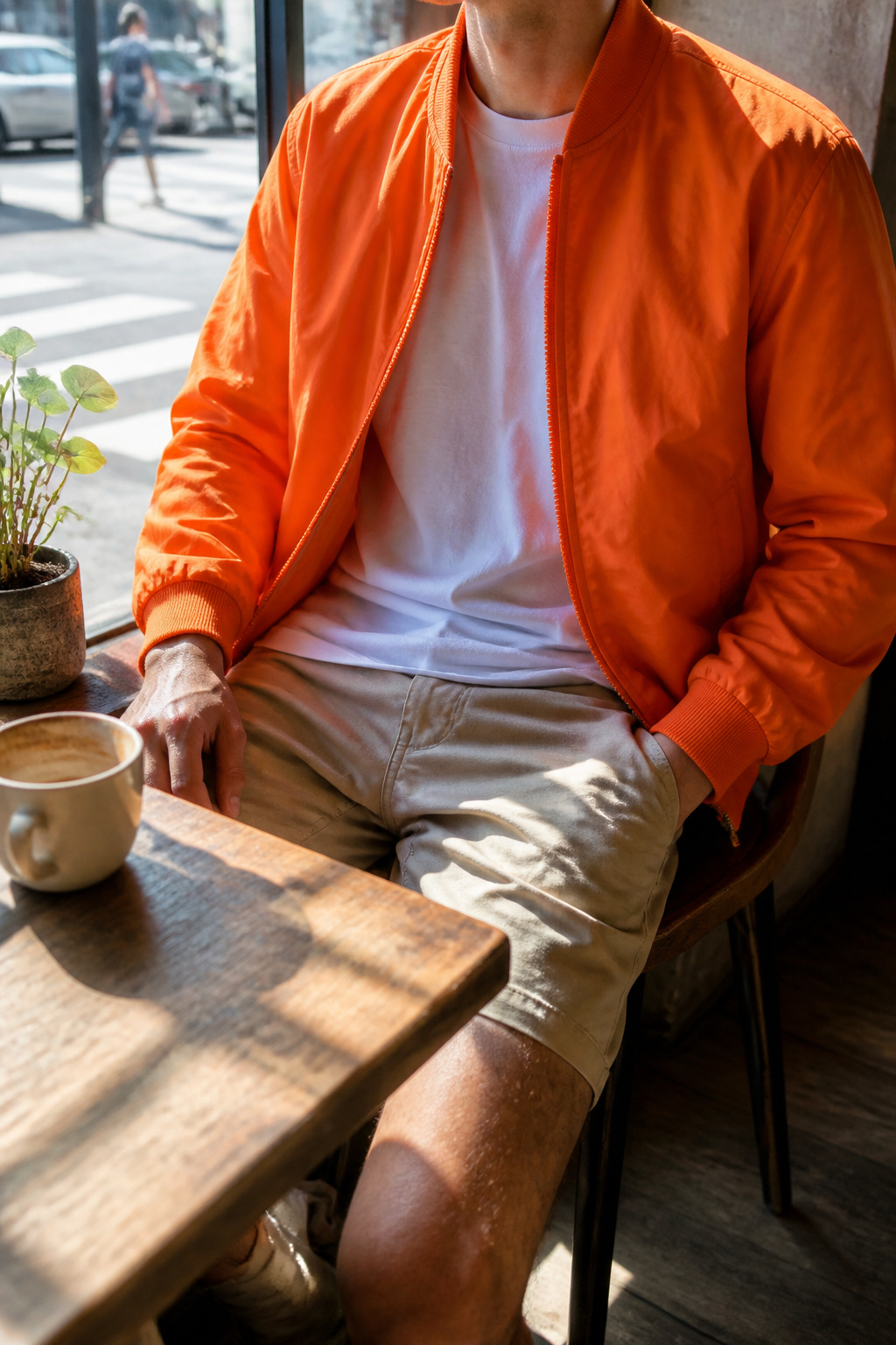 A bright bomber jacket over a white tee and beige shorts.