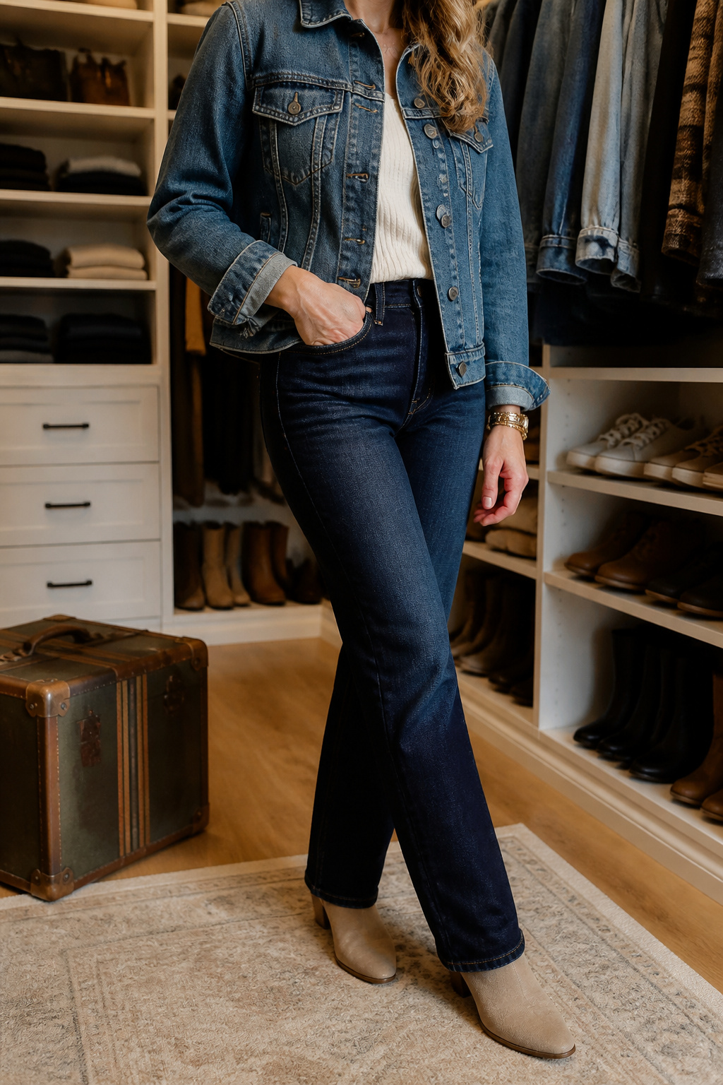 A mid-wash denim jacket with dark rinse jeans.