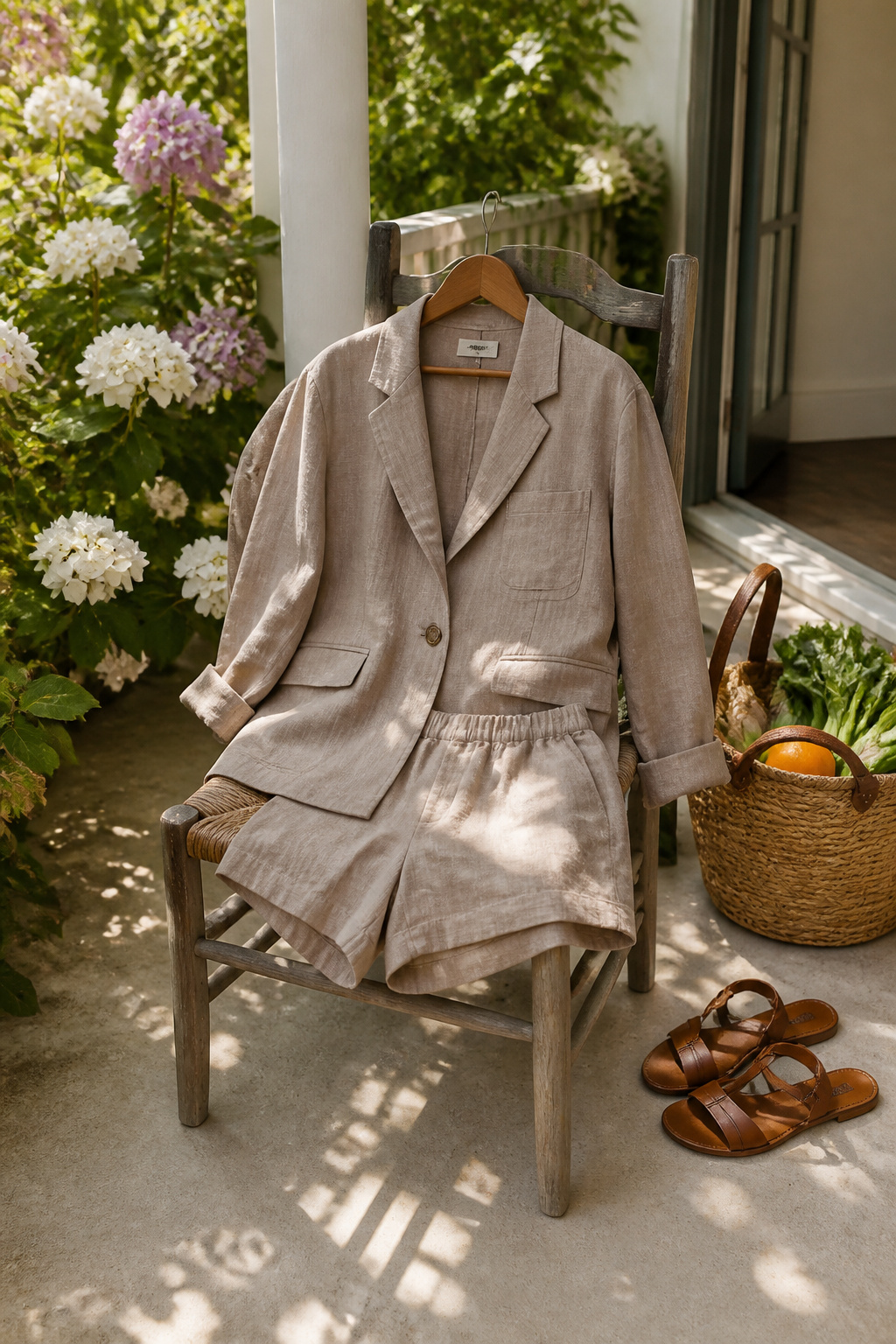 A linen blazer and shorts set in an earth tone.