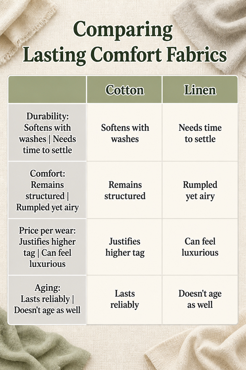 An infographic comparing different lasting comfort fabrics.