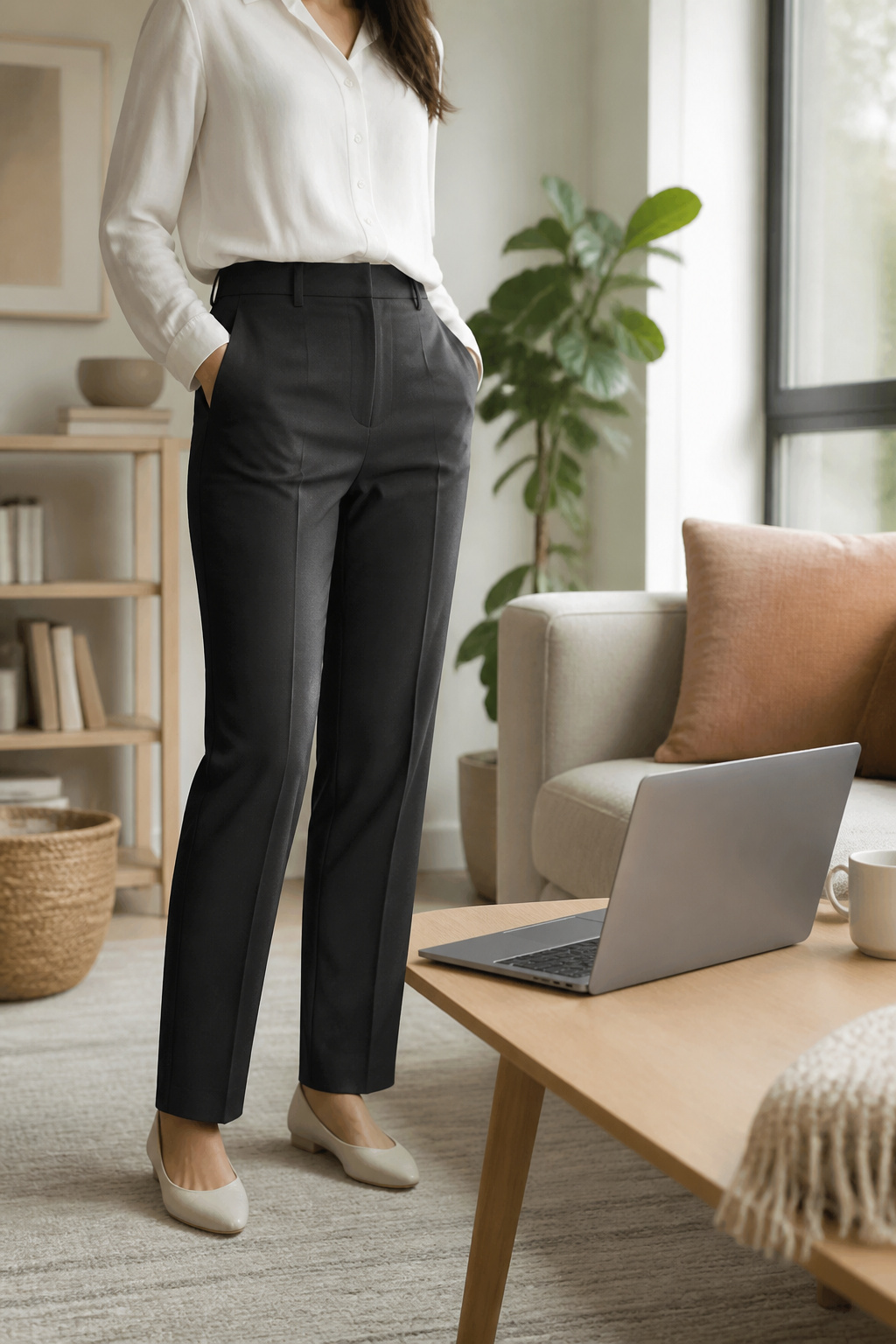 Tailored trousers paired with a breathable cotton blouse.