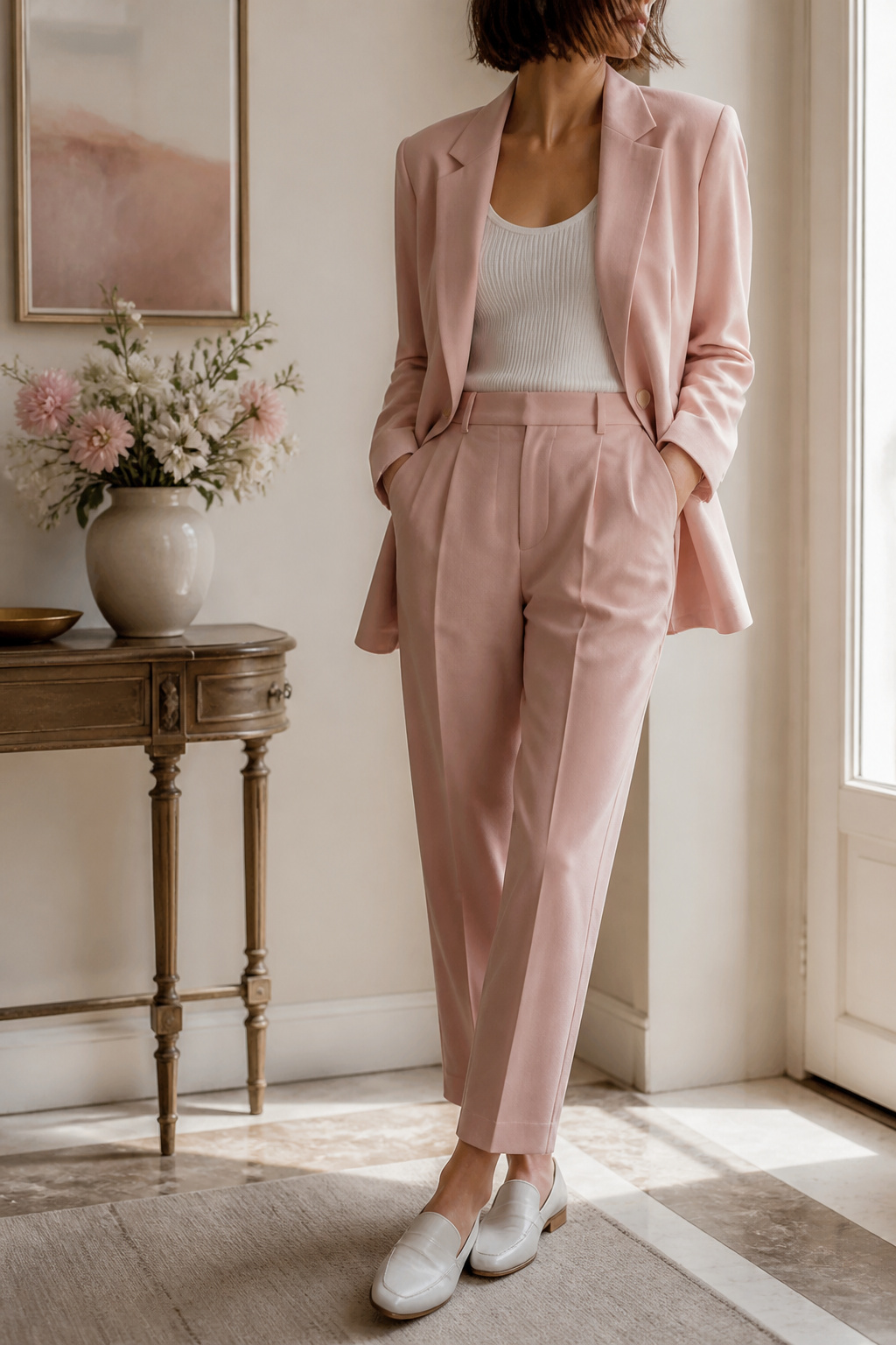 A pastel pink suit with a white tank and loafers.