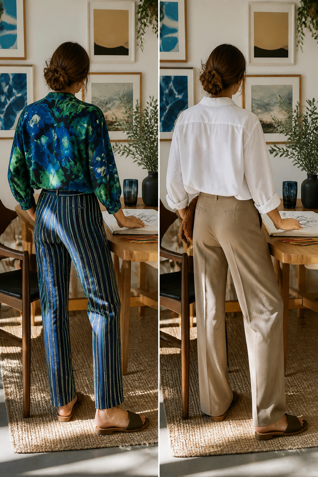 A mix of floral and striped prints in complementary colors.