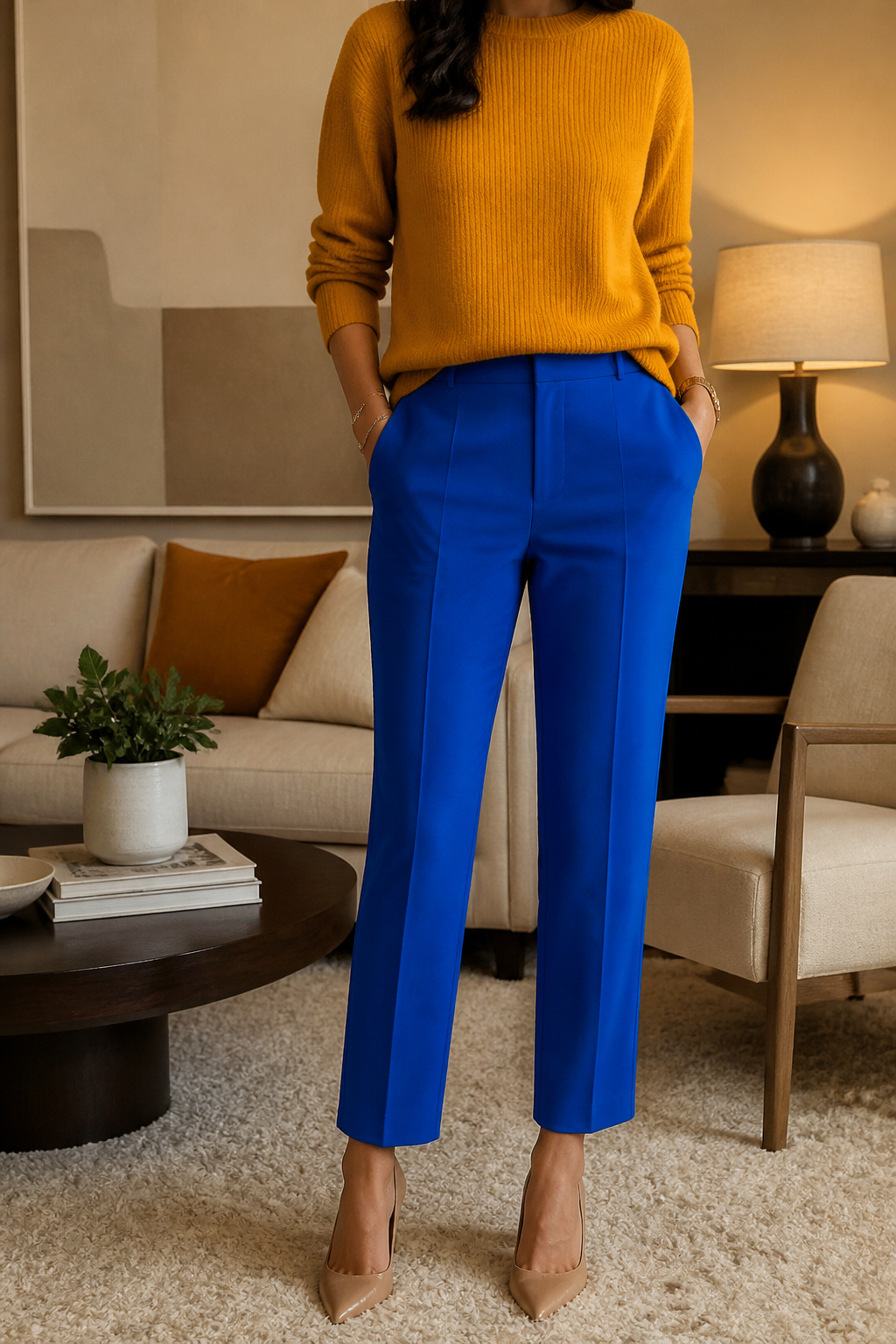 A bright colored garment paired with neutral clothing.