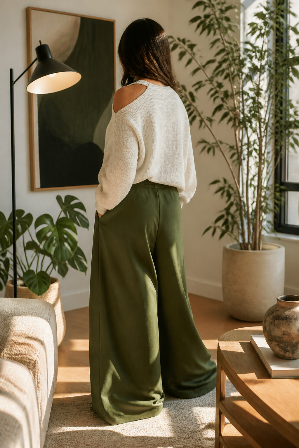A cream sweater with cut-outs and green balloon pants.