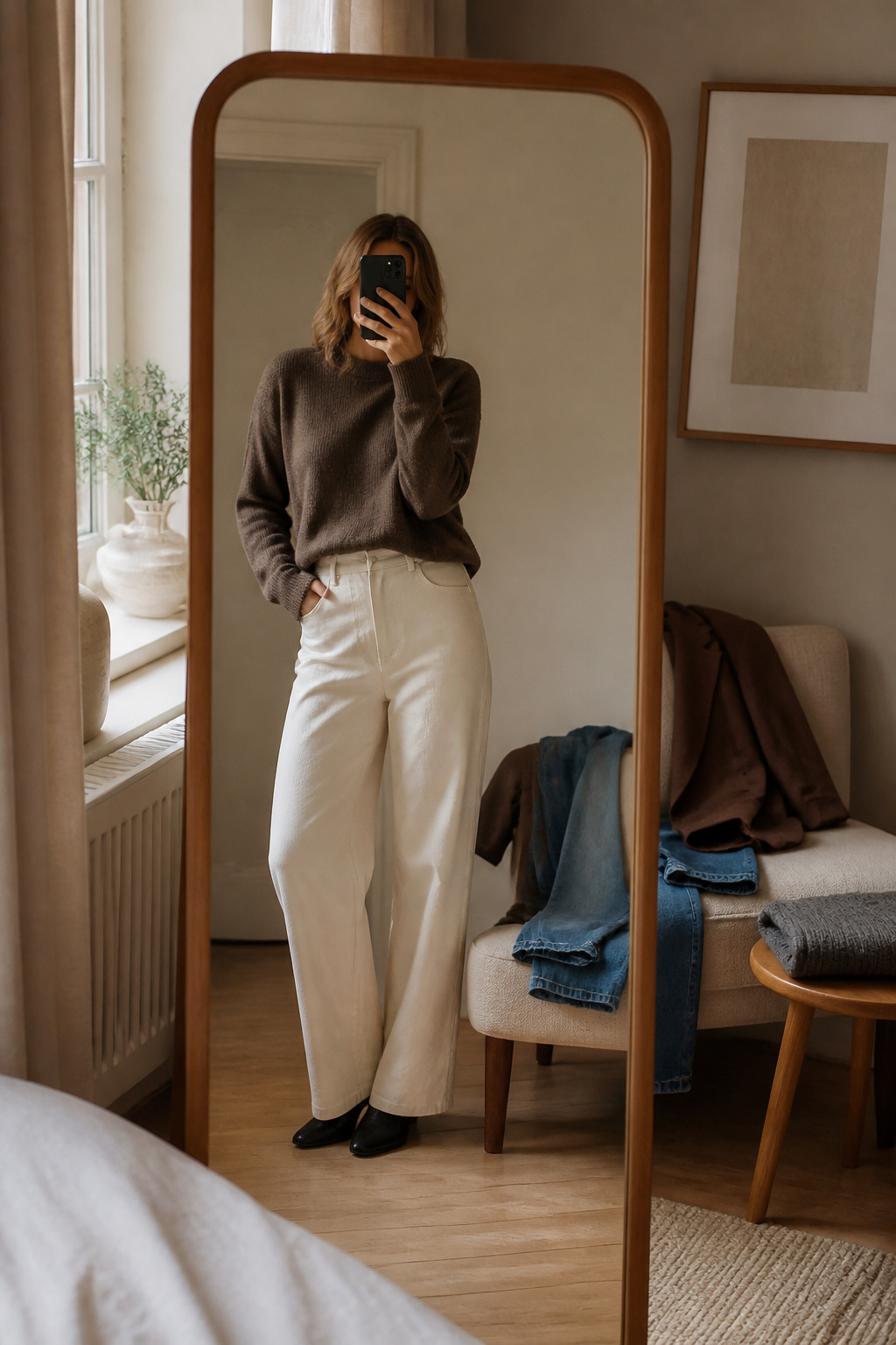 A woman dressed in a casual outfit at a café.
