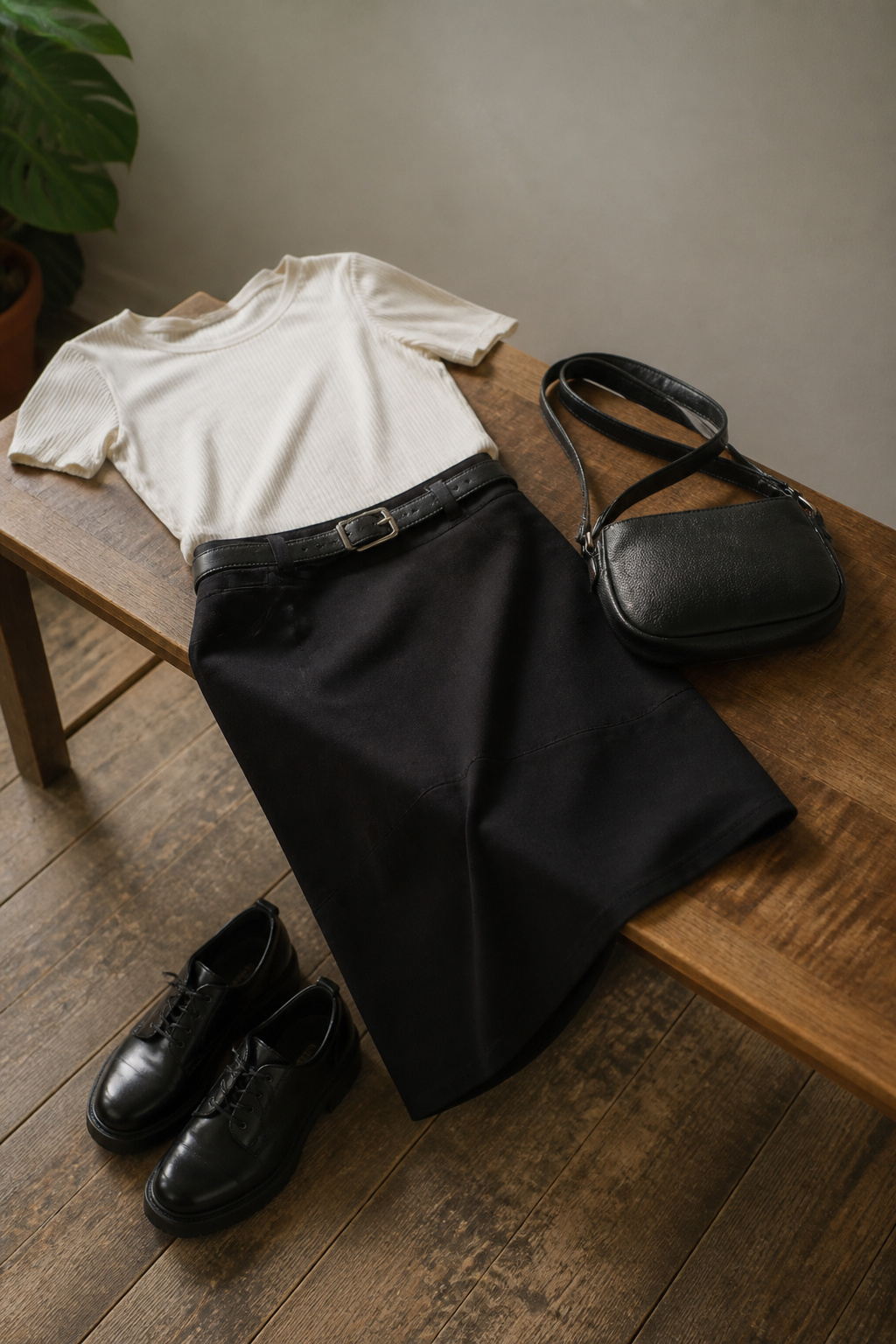 An A-line skirt and breathable top arranged on a wooden bench.