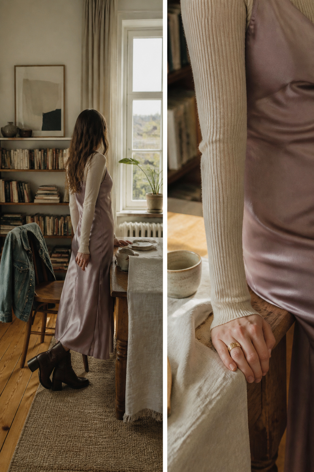 A layered outfit featuring a long-sleeved knit under a slip dress.