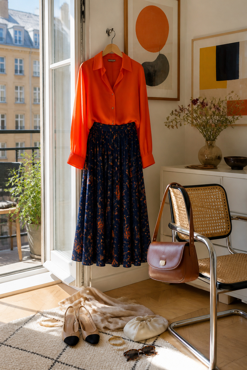 A tangerine blouse paired with a navy patterned midi skirt.