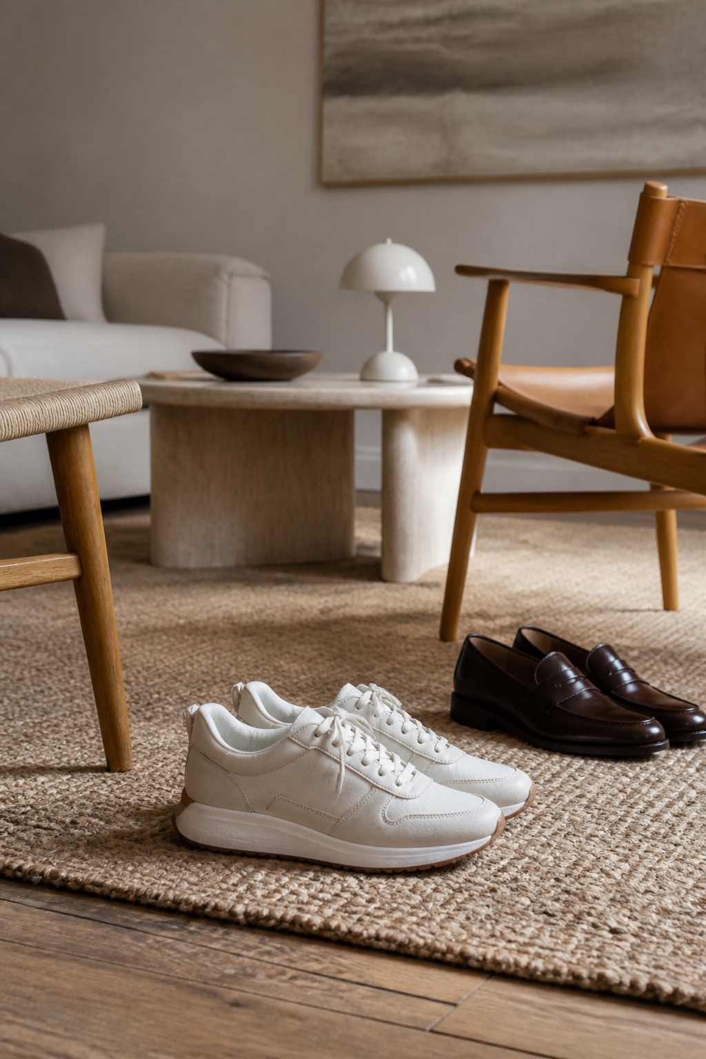 Close-up of elegant sneakers on a rustic wooden floor.