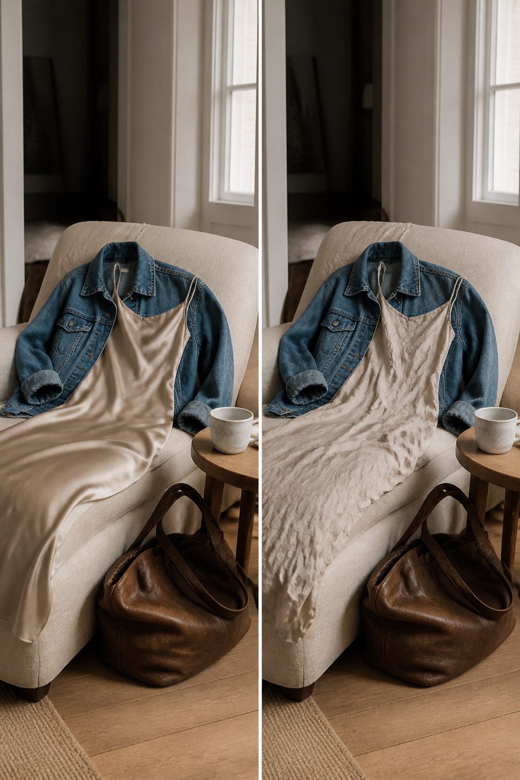 A silk slip dress layered with a denim jacket.